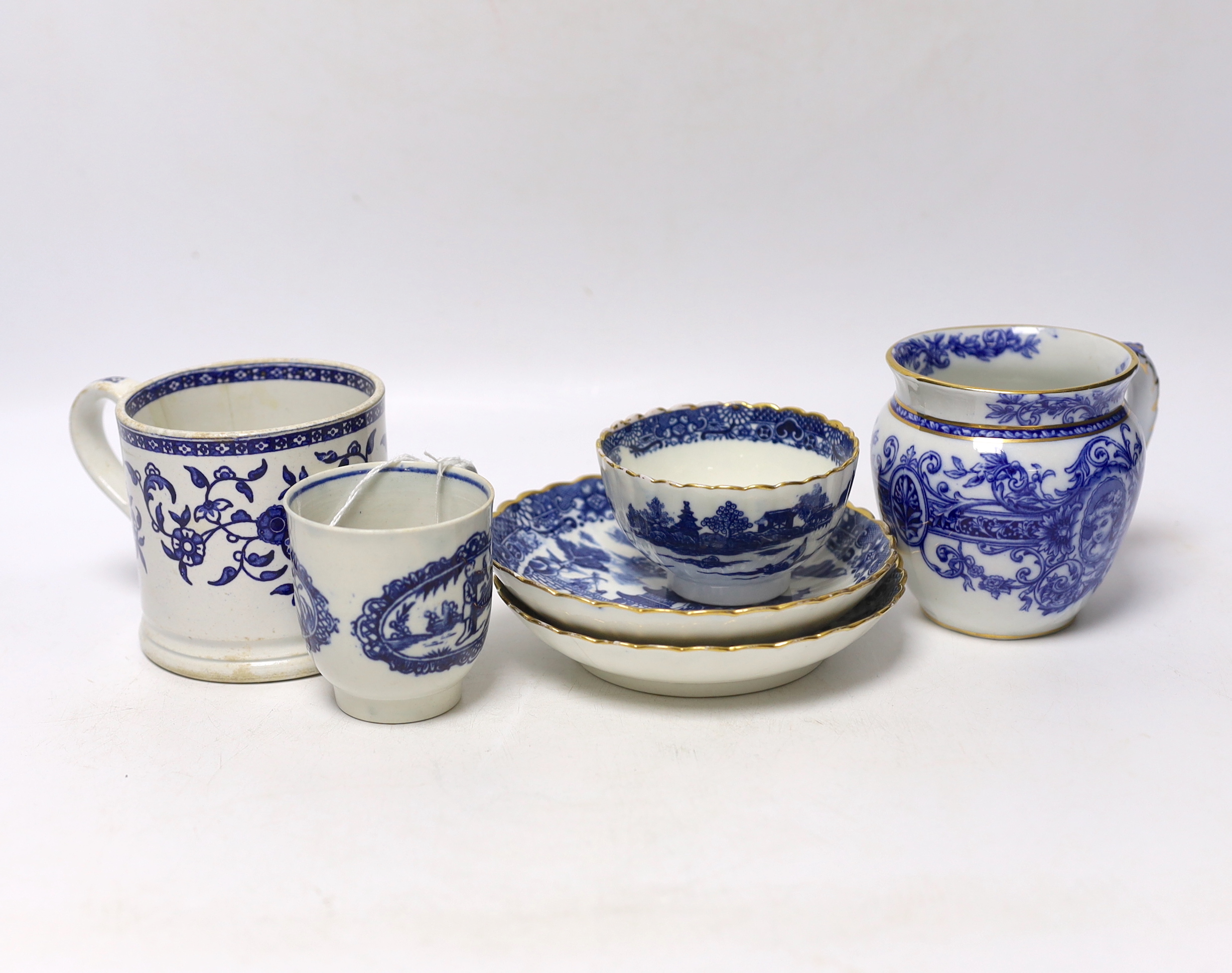 Liverpool, Seth Pennington and John Part, a Porter and Ferryman pattern coffee cup, c.1780, together with an early 19th century Pearlware blue and white mug and further blue and white wares (5)